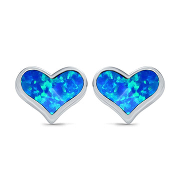 Heart Stud Earrings Lab Created Blue Opal 925 Sterling Silver (10mm)